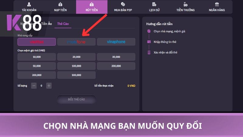 Chọn nhà mạng bạn muốn quy đổi