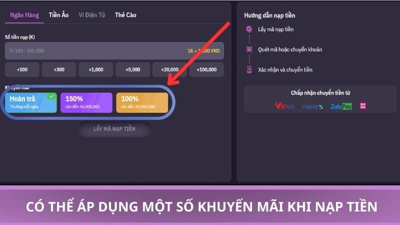 Có thể áp dụng một số khuyến mãi khi nạp tiền