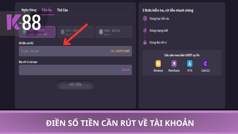 Điền số tiền cần rút về tài khoản