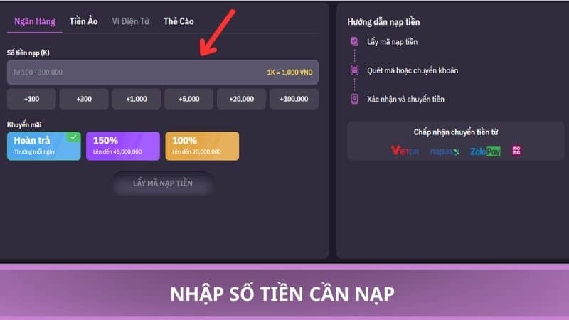 Nhập số tiền cần nạp