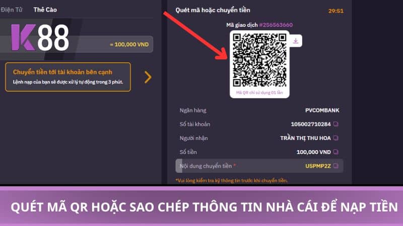 Quét mã qr hoặc sao chép thông tin nhà cái để nạp tiền